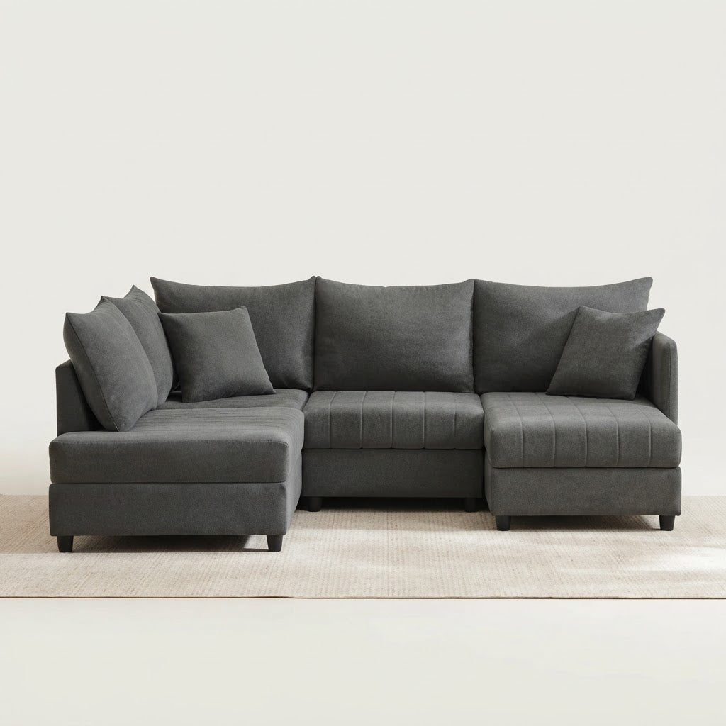 Canapé d'angle de style moderne PINGGO avec rayures verticales, canapé modulaire pour salon, canapé cinq places, repose-pieds réglable, canapé en forme de L