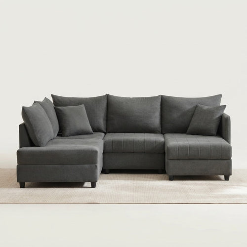 Canapé d'angle de style moderne PINGGO avec rayures verticales, canapé modulaire pour salon, canapé cinq places, repose-pieds réglable, canapé en forme de L
