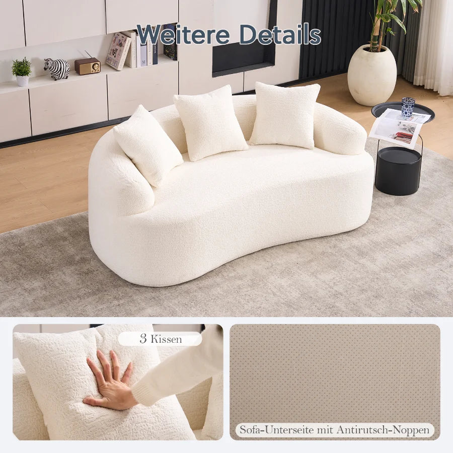 Canapé deux places modulaire et arrondi de style moderne - dimensions compactes, livré avec trois oreillers décoratifs, idéal pour les petites maisons et appartements, n'exige pas d'installation - couleur blanc cassé.