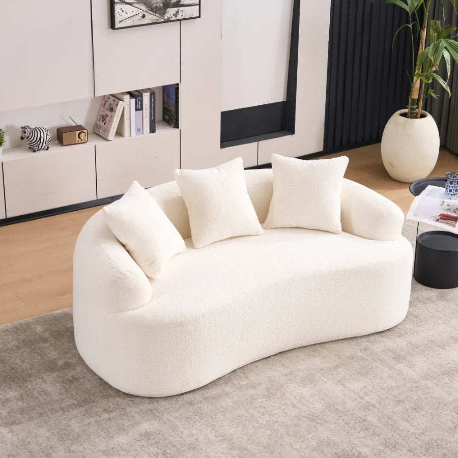 Canapé deux places modulaire et arrondi de style moderne - dimensions compactes, livré avec trois oreillers décoratifs, idéal pour les petites maisons et appartements, n'exige pas d'installation - couleur blanc cassé.