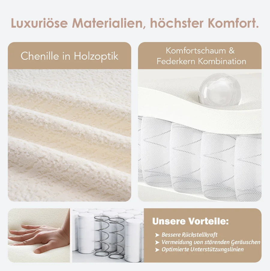 Canapé deux places modulaire et arrondi de style moderne - dimensions compactes, livré avec trois oreillers décoratifs, idéal pour les petites maisons et appartements, n'exige pas d'installation - couleur blanc cassé.