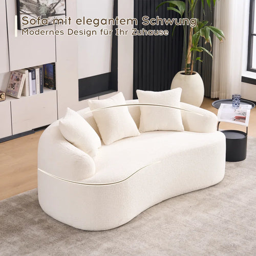 Canapé deux places modulaire et arrondi de style moderne - dimensions compactes, livré avec trois oreillers décoratifs, idéal pour les petites maisons et appartements, n'exige pas d'installation - couleur blanc cassé.
