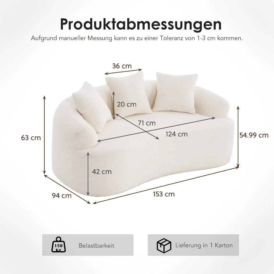 Canapé deux places modulaire et arrondi de style moderne - dimensions compactes, livré avec trois oreillers décoratifs, idéal pour les petites maisons et appartements, n'exige pas d'installation - couleur blanc cassé.