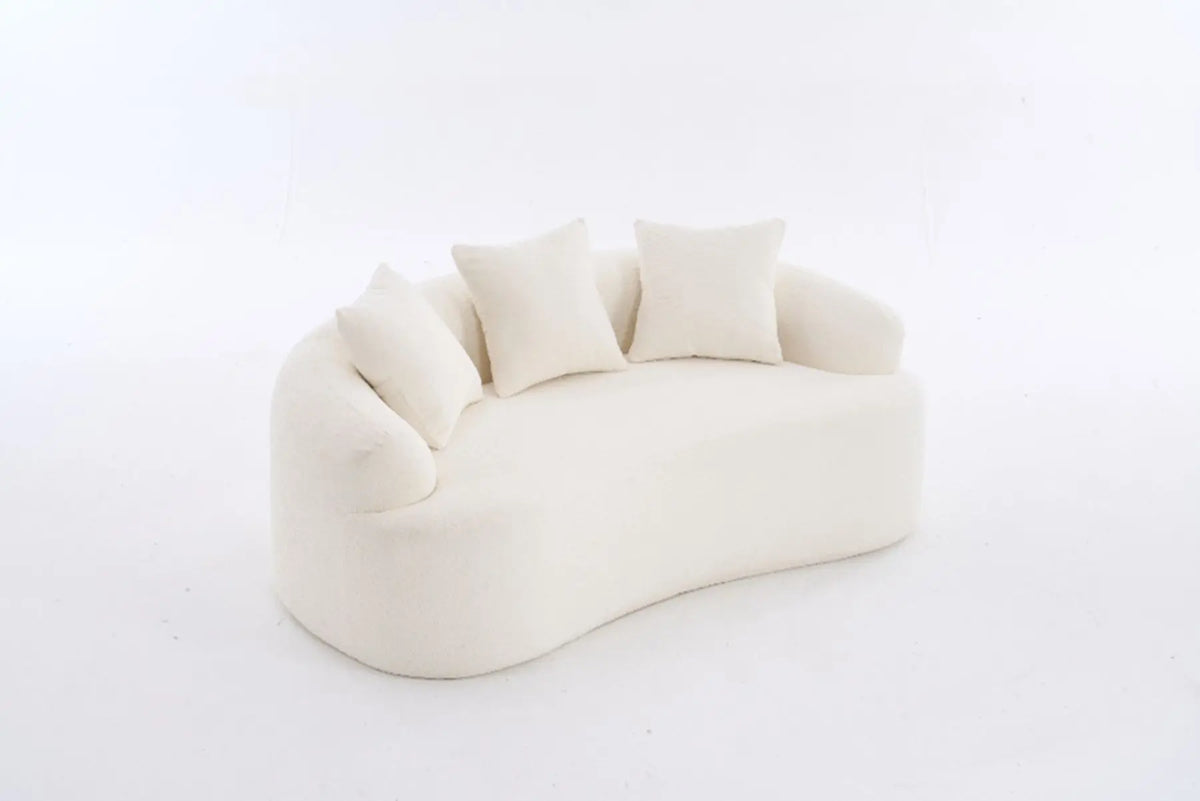Canapé deux places modulaire et arrondi de style moderne - dimensions compactes, livré avec trois oreillers décoratifs, idéal pour les petites maisons et appartements, n'exige pas d'installation - couleur blanc cassé.