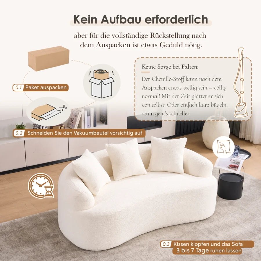 Canapé deux places modulaire et arrondi de style moderne - dimensions compactes, livré avec trois oreillers décoratifs, idéal pour les petites maisons et appartements, n'exige pas d'installation - couleur blanc cassé.