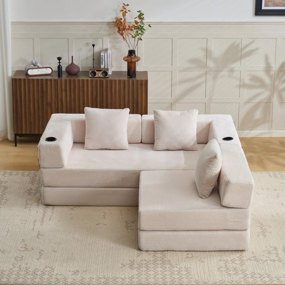 Canapé-lit convertible pliable en velours côtelé, modulaire et combinable, avec porte-gobelet et poche de rangement latérale, mousse haute densité, montage sans outils, idéal pour chambre, appartement, dortoir, bureau,