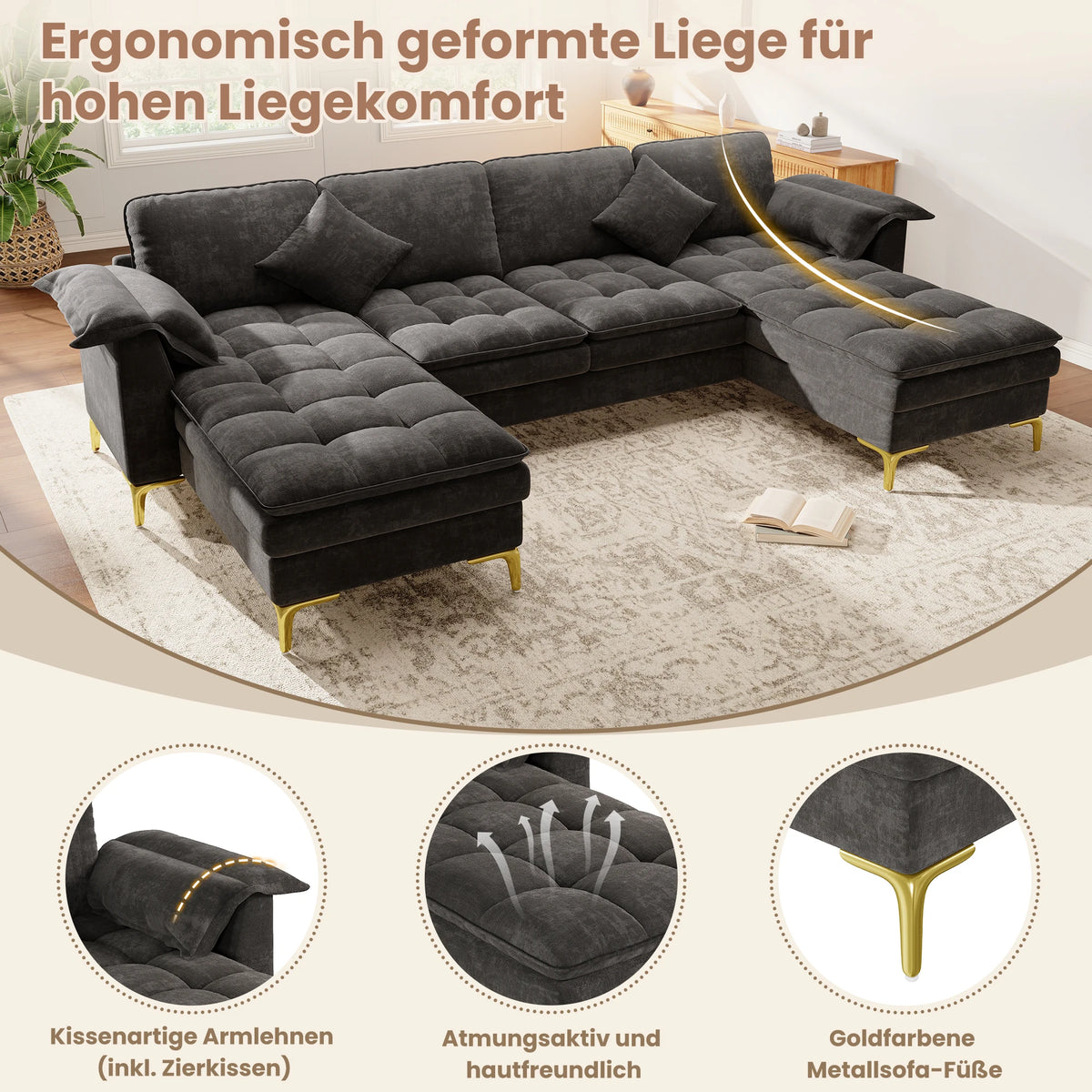 Canapé d'Angle en U 4-5 Places - velours Chenille & Grand Confort