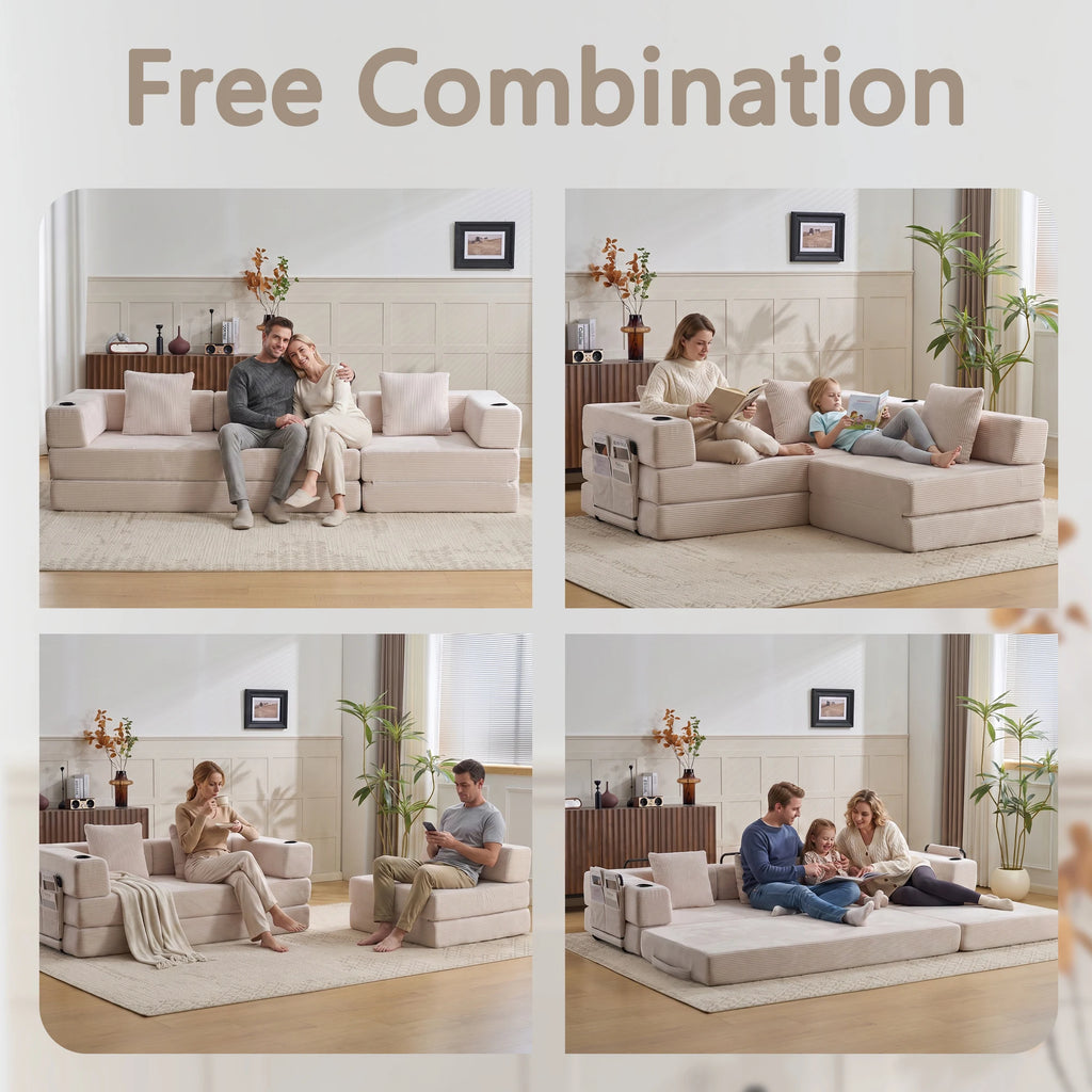 Canapé-lit convertible pliable en velours côtelé, modulaire et combinable, avec porte-gobelet et poche de rangement latérale, mousse haute densité, montage sans outils, idéal pour chambre, appartement, dortoir, bureau,