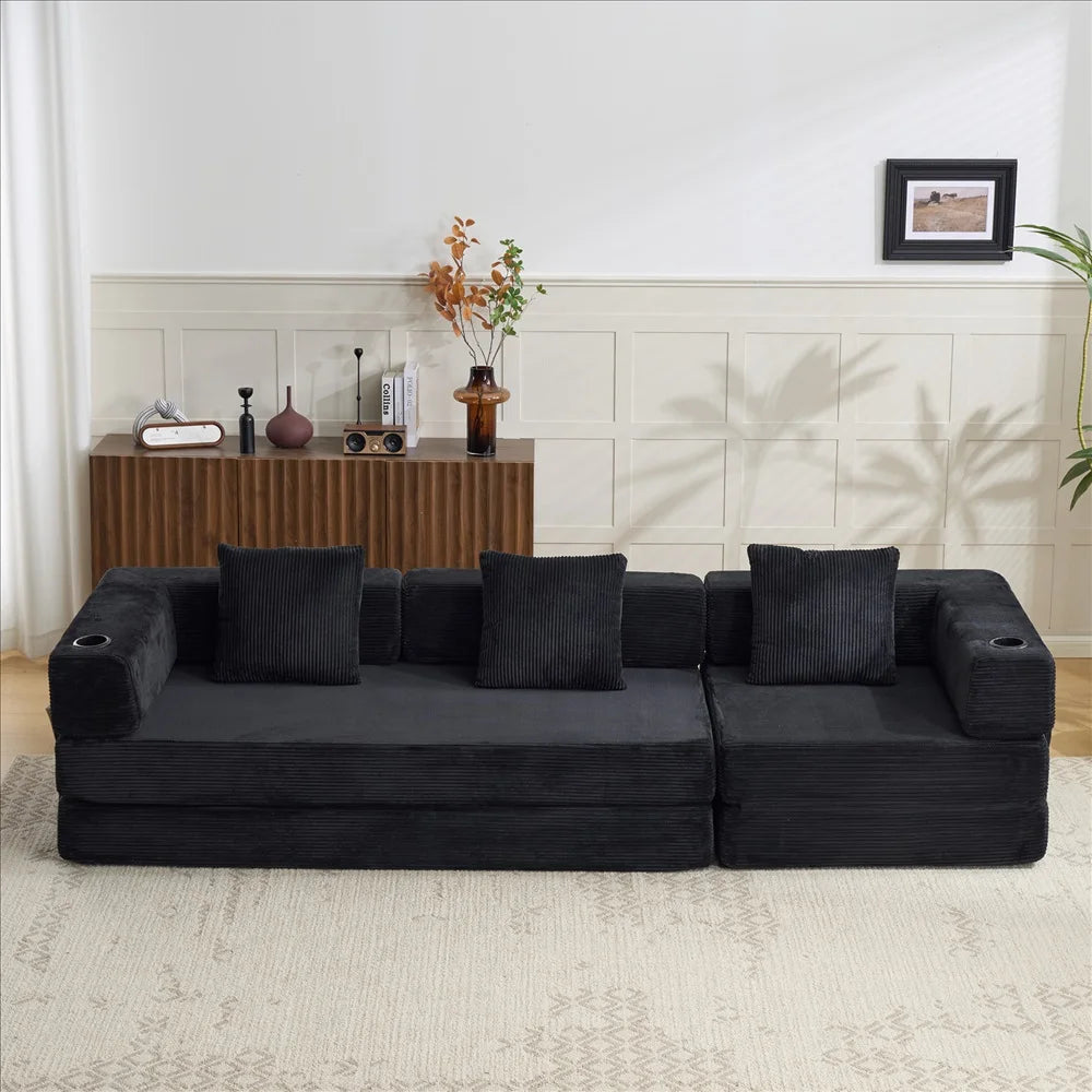 Canapé-lit convertible pliable en velours côtelé, modulaire et combinable, avec porte-gobelet et poche de rangement latérale, mousse haute densité, montage sans outils, idéal pour chambre, appartement, dortoir, bureau,