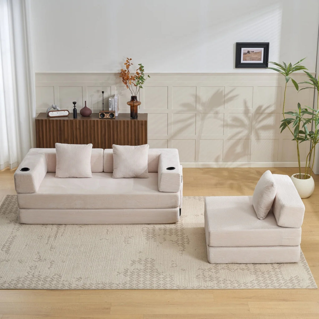 Canapé-lit convertible pliable en velours côtelé, modulaire et combinable, avec porte-gobelet et poche de rangement latérale, mousse haute densité, montage sans outils, idéal pour chambre, appartement, dortoir, bureau,