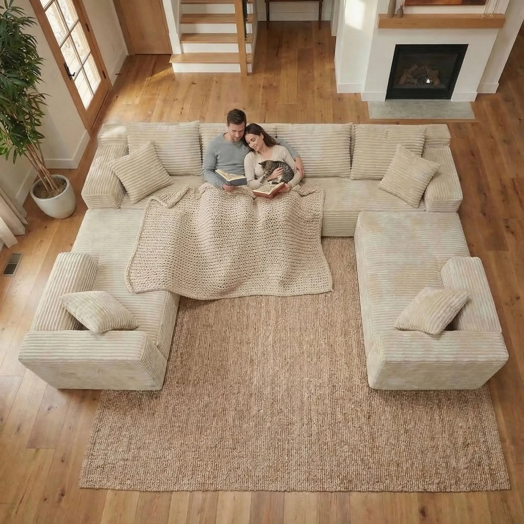 Modular Frameless U-Shaped Large Sofa Set for 6, Includes Big Pillows, Soft Skin-Friendly Corduroy Velvet Sofa with Fluffy Feel, Ideal for Family Gatherings, Assembly-Free Ready-To-Use, Modern Leisure Sofa for Home