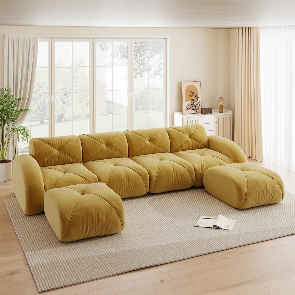 4-Seater U-Shaped Frameless Modular Combination Sofa Set Complete with 2 Matching Stools, Cozy Plush Comfort Fabric Sofa, Stable Non-Slip Base, Ready To Use Without Assembly, Stylish Leisure Couch for Family Living Room Indoo