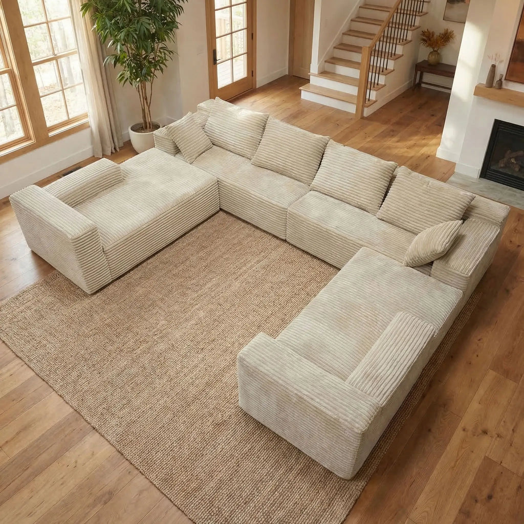 Modular Frameless U-Shaped Large Sofa Set for 6, Includes Big Pillows, Soft Skin-Friendly Corduroy Velvet Sofa with Fluffy Feel, Ideal for Family Gatherings, Assembly-Free Ready-To-Use, Modern Leisure Sofa for Home
