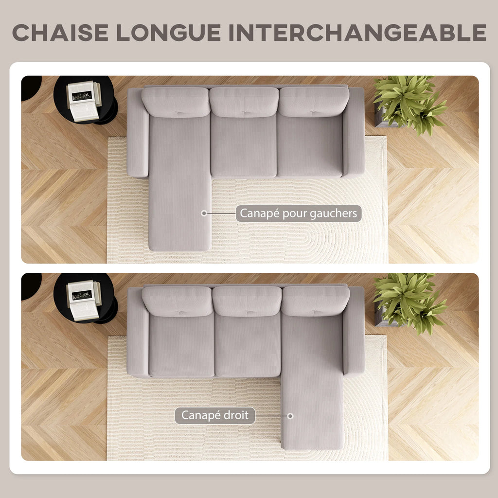HOMCOM sofa corner reversible velvet, cm, modular 3-seat sofa with Meridian, steel frame, modern design, for living room, apartment, small space, light gray