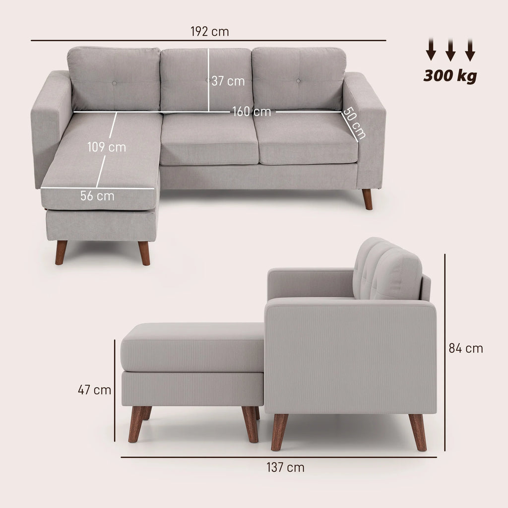 HOMCOM sofa corner reversible velvet, cm, modular 3-seat sofa with Meridian, steel frame, modern design, for living room, apartment, small space, light gray