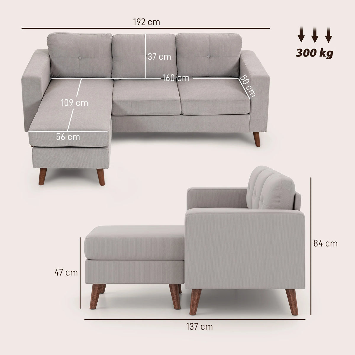 HOMCOM sofa corner reversible velvet, cm, modular 3-seat sofa with Meridian, steel frame, modern design, for living room, apartment, small space, light gray
