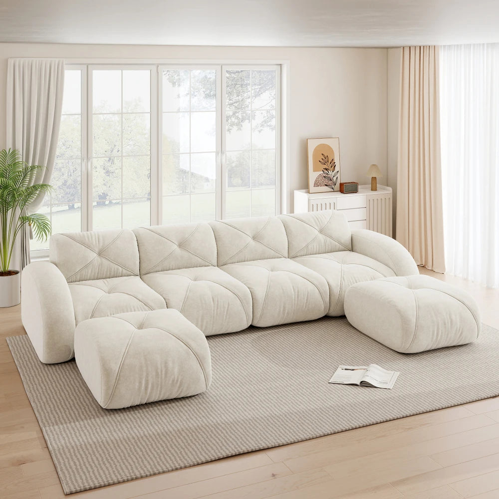 4-Seater U-Shaped Frameless Modular Combination Sofa Set Complete with 2 Matching Stools, Cozy Plush Comfort Fabric Sofa, Stable Non-Slip Base, Ready To Use Without Assembly, Stylish Leisure Couch for Family Living Room Indoo