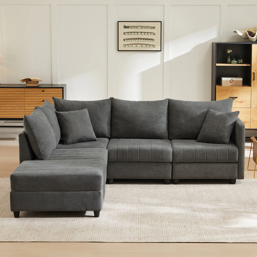 Canapé d'angle de style moderne PINGGO avec rayures verticales, canapé modulaire pour salon, canapé cinq places, repose-pieds réglable, canapé en forme de L