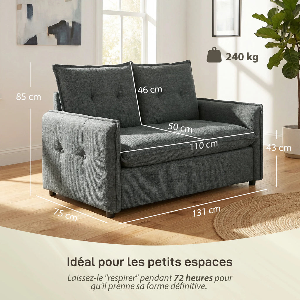 Sofa 2-seat HOMCOM, Modern Living Room sofa cm With Padded Sit, Spring cushions, Fin fabric, Dark Grey
