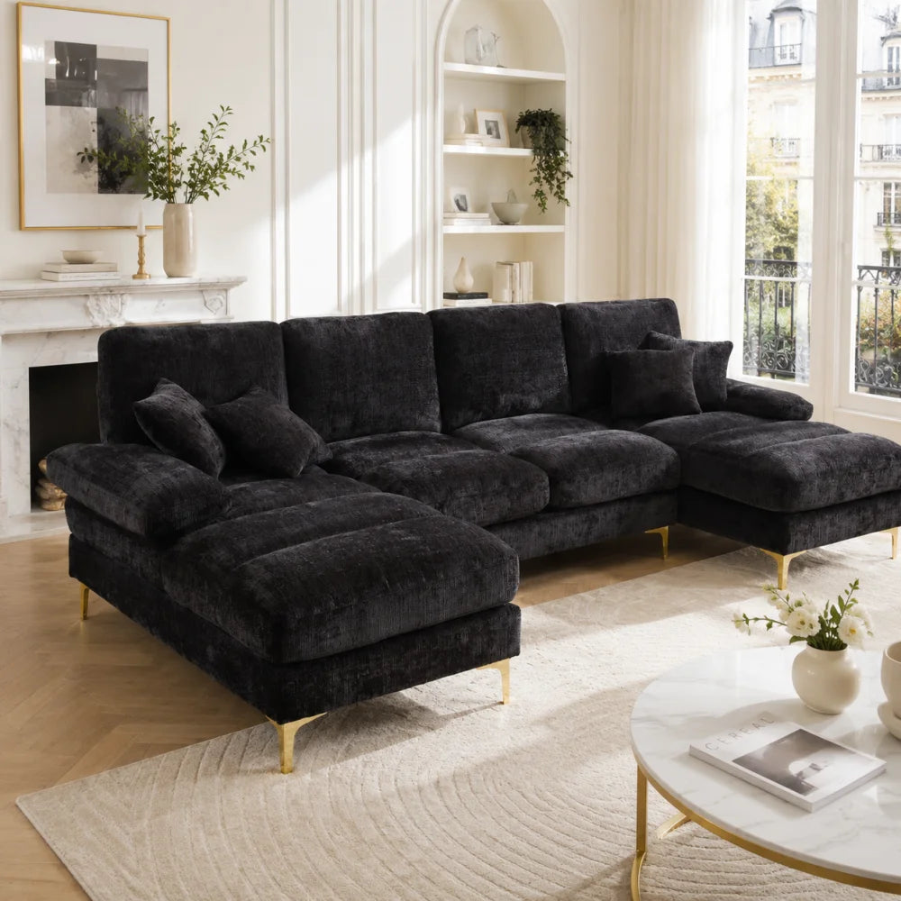 Canapé sectionnel moderne en chenille en forme de U, grand format, avec deux fauteuils inclinables, pour salon, chambre, bureau, appartement, villa, maison près du foyer (Ancien SKU : W1880S00025)