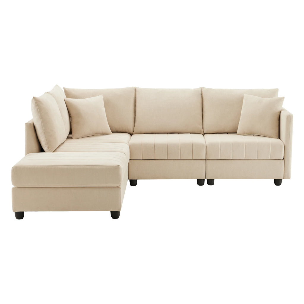 Canapé d'angle de style moderne PINGGO avec rayures verticales, canapé modulaire pour salon, canapé cinq places, repose-pieds réglable, canapé en forme de L