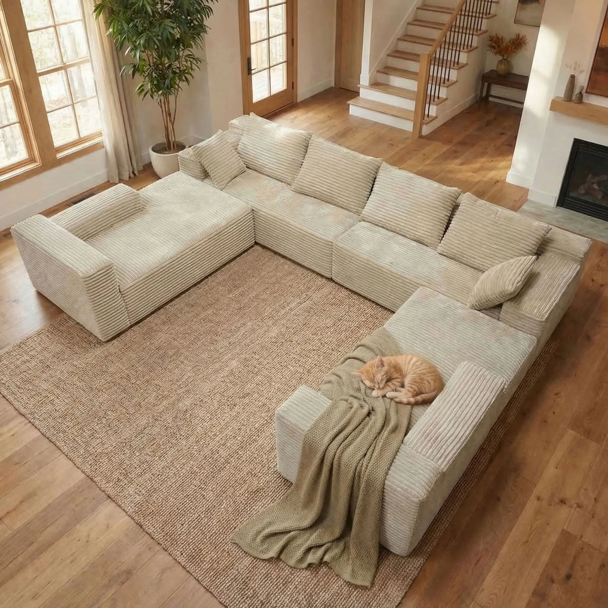 Modular Frameless U-Shaped Large Sofa Set for 6, Includes Big Pillows, Soft Skin-Friendly Corduroy Velvet Sofa with Fluffy Feel, Ideal for Family Gatherings, Assembly-Free Ready-To-Use, Modern Leisure Sofa for Home