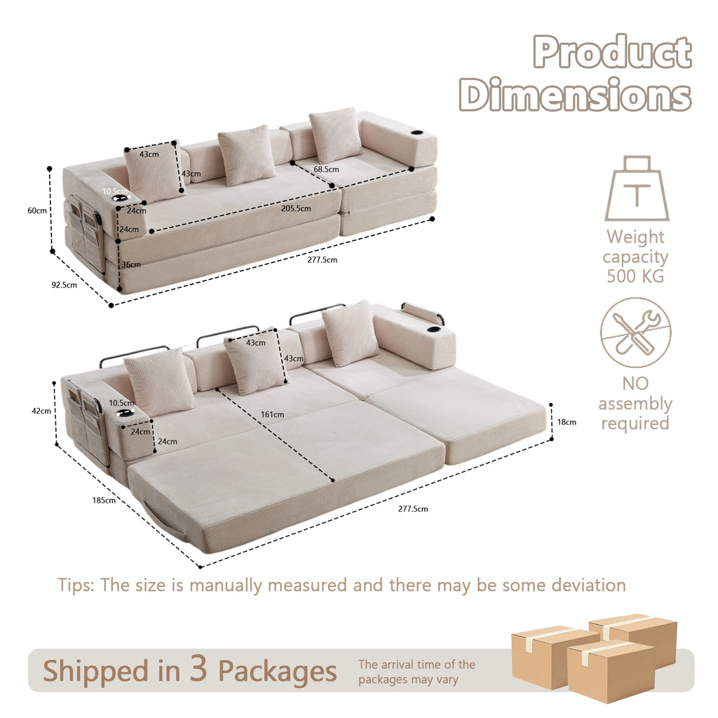 Canapé-lit convertible pliable en velours côtelé, modulaire et combinable, avec porte-gobelet et poche de rangement latérale, mousse haute densité, montage sans outils, idéal pour chambre, appartement, dortoir, bureau,