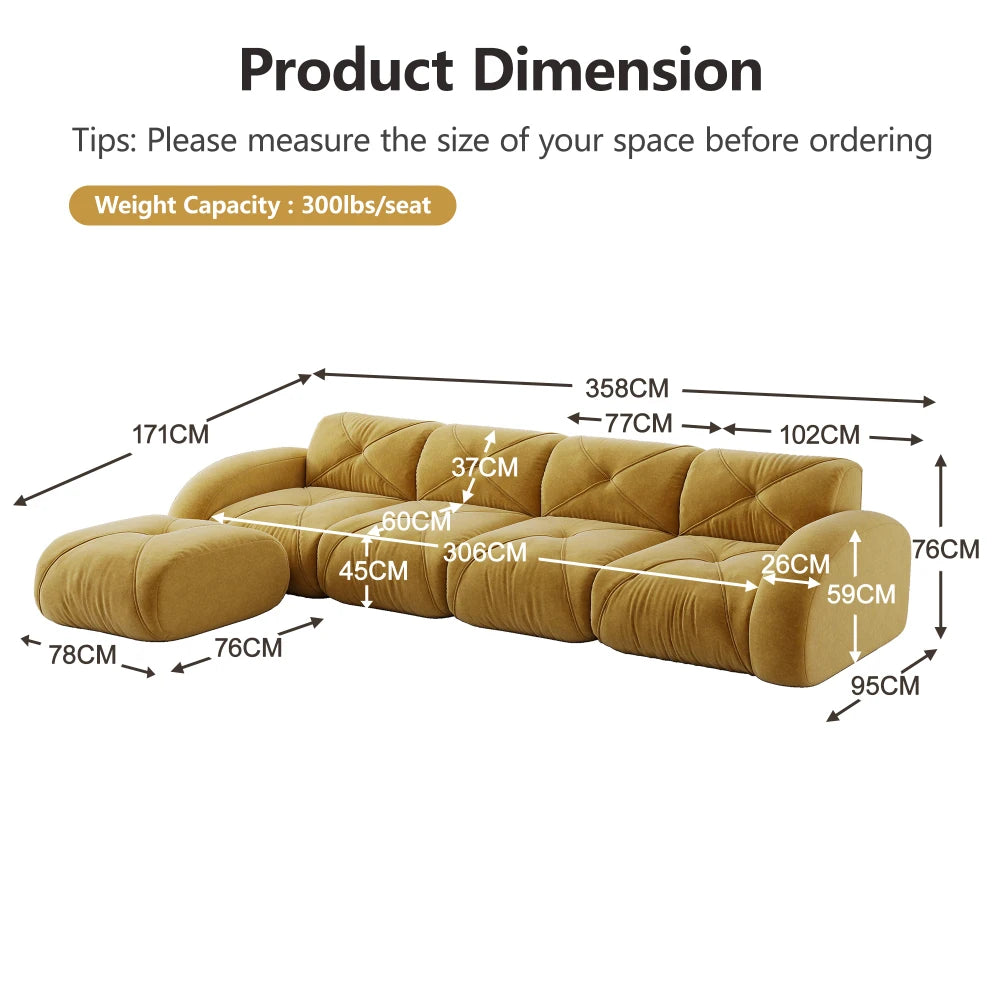 4-Seater U-Shaped Frameless Modular Combination Sofa Set Complete with 2 Matching Stools, Cozy Plush Comfort Fabric Sofa, Stable Non-Slip Base, Ready To Use Without Assembly, Stylish Leisure Couch for Family Living Room Indoo