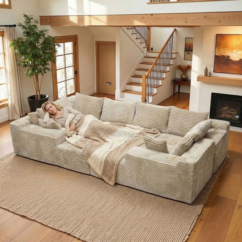 Modular Frameless U-Shaped Large Sofa Set for 6, Includes Big Pillows, Soft Skin-Friendly Corduroy Velvet Sofa with Fluffy Feel, Ideal for Family Gatherings, Assembly-Free Ready-To-Use, Modern Leisure Sofa for Home