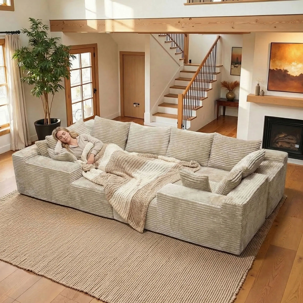 Modular Frameless U-Shaped Large Sofa Set for 6, Includes Big Pillows, Soft Skin-Friendly Corduroy Velvet Sofa with Fluffy Feel, Ideal for Family Gatherings, Assembly-Free Ready-To-Use, Modern Leisure Sofa for Home