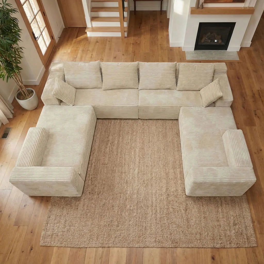 Modular Frameless U-Shaped Large Sofa Set for 6, Includes Big Pillows, Soft Skin-Friendly Corduroy Velvet Sofa with Fluffy Feel, Ideal for Family Gatherings, Assembly-Free Ready-To-Use, Modern Leisure Sofa for Home