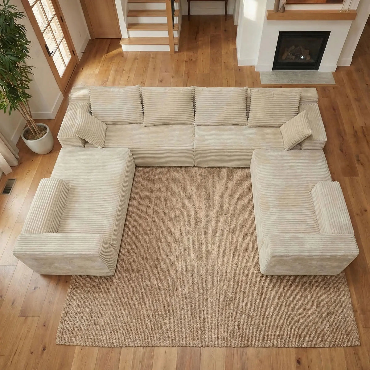 Modular Frameless U-Shaped Large Sofa Set for 6, Includes Big Pillows, Soft Skin-Friendly Corduroy Velvet Sofa with Fluffy Feel, Ideal for Family Gatherings, Assembly-Free Ready-To-Use, Modern Leisure Sofa for Home