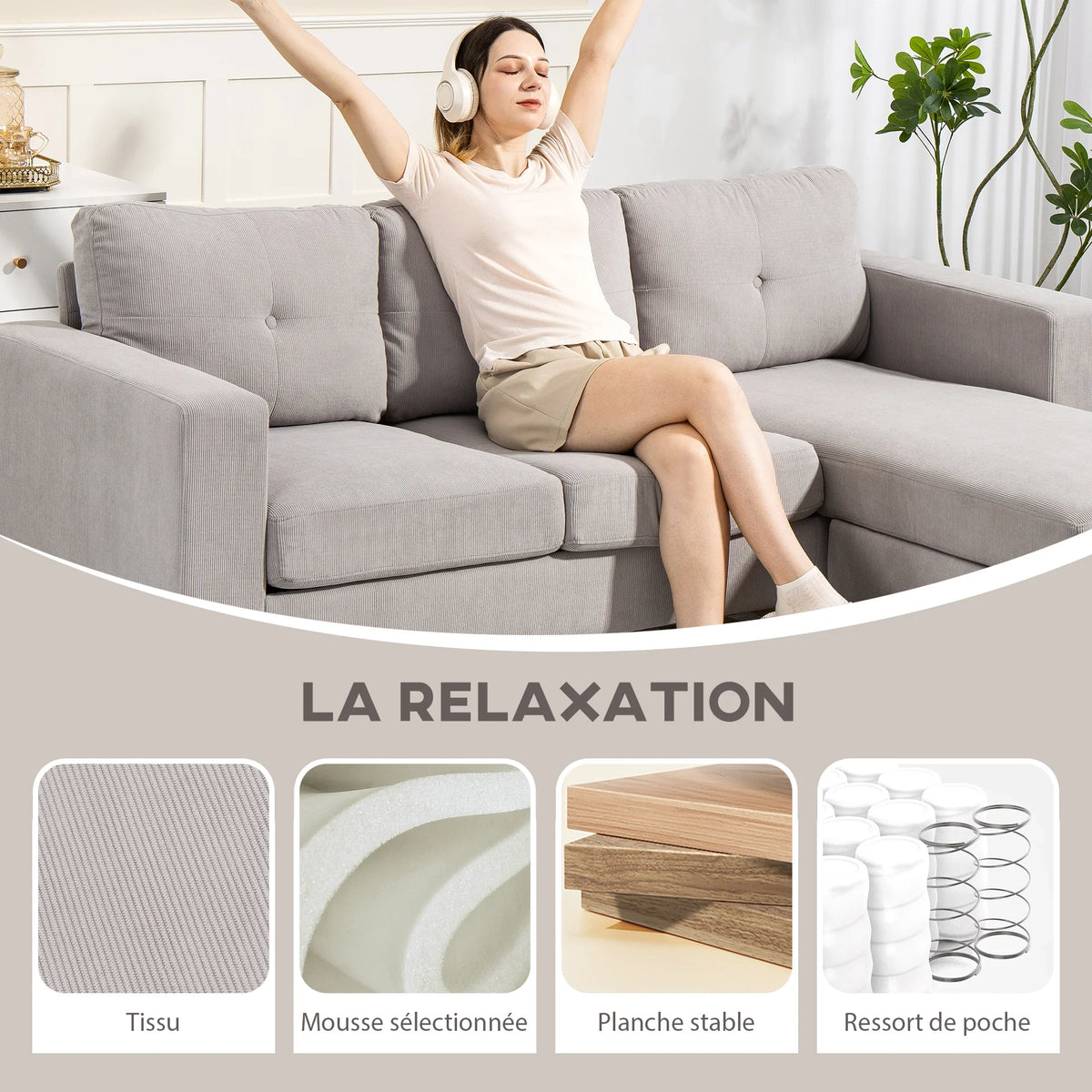 HOMCOM sofa corner reversible velvet, cm, modular 3-seat sofa with Meridian, steel frame, modern design, for living room, apartment, small space, light gray