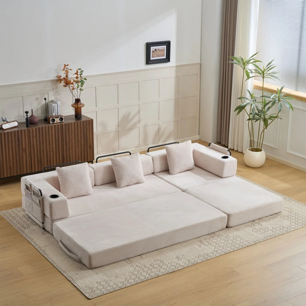 Canapé-lit convertible pliable en velours côtelé, modulaire et combinable, avec porte-gobelet et poche de rangement latérale, mousse haute densité, montage sans outils, idéal pour chambre, appartement, dortoir, bureau,
