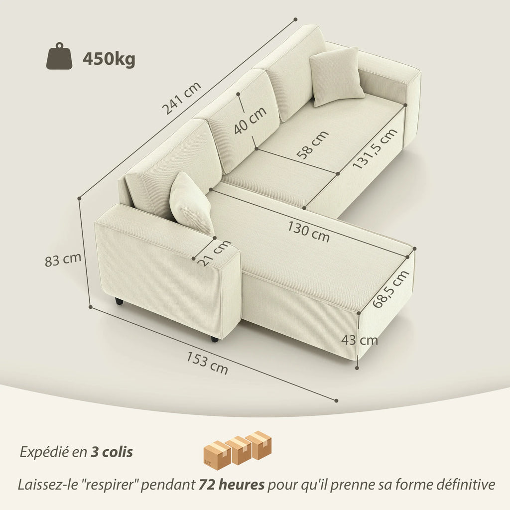HOMCOM sofa Ride Velour Convertible, for Living Room, 3-cm, 3-seat sofa with Spring cushion, Load, 450Kg, Modern style, for Living Room, bedroom, Cream