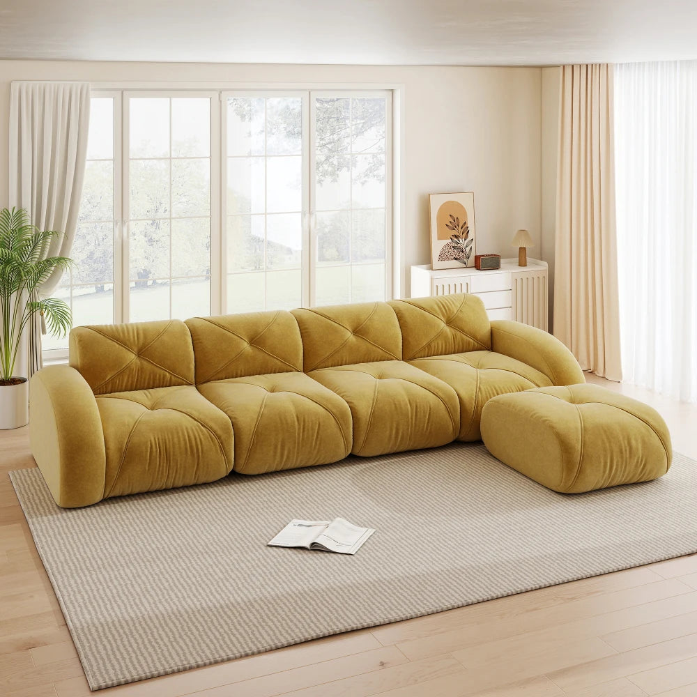4-Seater U-Shaped Frameless Modular Combination Sofa Set Complete with 2 Matching Stools, Cozy Plush Comfort Fabric Sofa, Stable Non-Slip Base, Ready To Use Without Assembly, Stylish Leisure Couch for Family Living Room Indoo