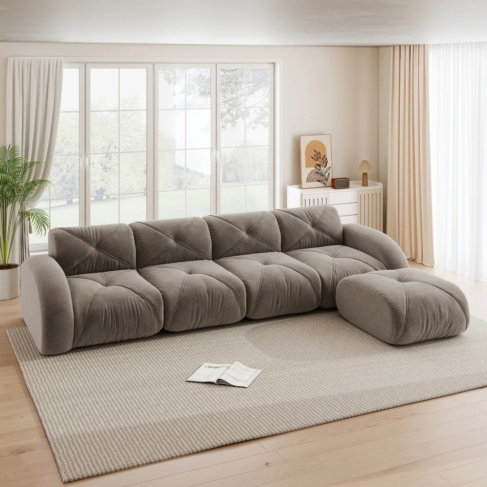 4-Seater U-Shaped Frameless Modular Combination Sofa Set Complete with 2 Matching Stools, Cozy Plush Comfort Fabric Sofa, Stable Non-Slip Base, Ready To Use Without Assembly, Stylish Leisure Couch for Family Living Room Indoo