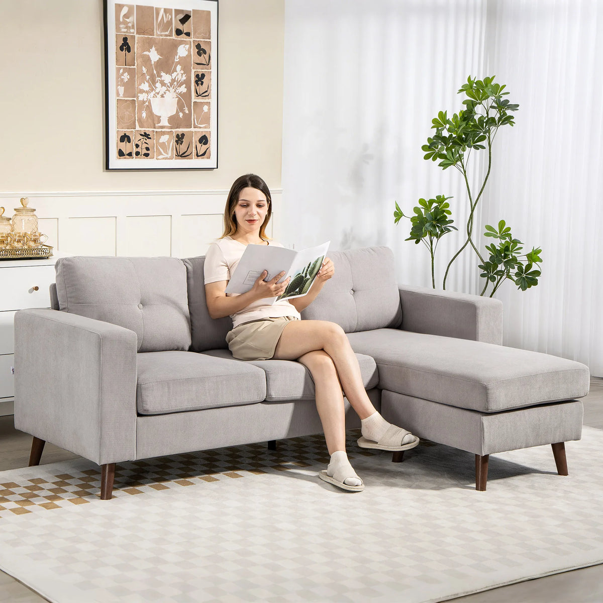 HOMCOM sofa corner reversible velvet, cm, modular 3-seat sofa with Meridian, steel frame, modern design, for living room, apartment, small space, light gray