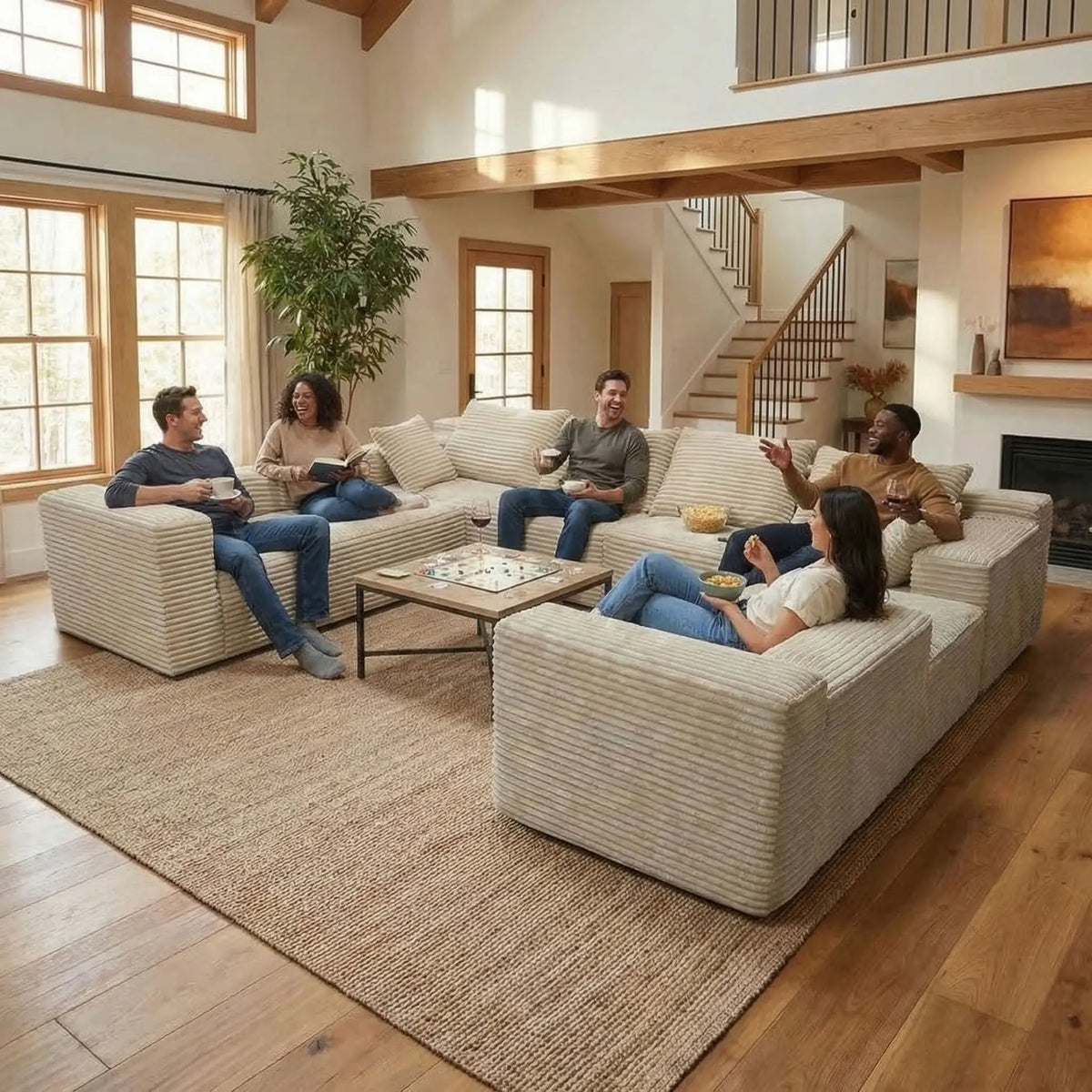 Modular Frameless U-Shaped Large Sofa Set for 6, Includes Big Pillows, Soft Skin-Friendly Corduroy Velvet Sofa with Fluffy Feel, Ideal for Family Gatherings, Assembly-Free Ready-To-Use, Modern Leisure Sofa for Home