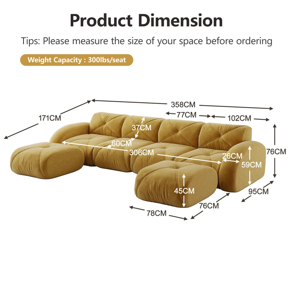 4-Seater U-Shaped Frameless Modular Combination Sofa Set Complete with 2 Matching Stools, Cozy Plush Comfort Fabric Sofa, Stable Non-Slip Base, Ready To Use Without Assembly, Stylish Leisure Couch for Family Living Room Indoo