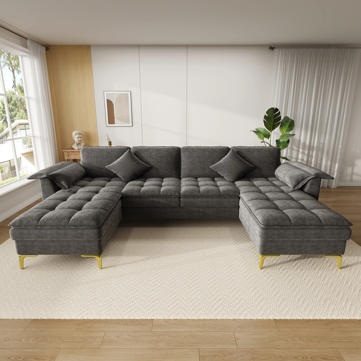 Canapé d'Angle en U 4-5 Places - velours Chenille & Grand Confort