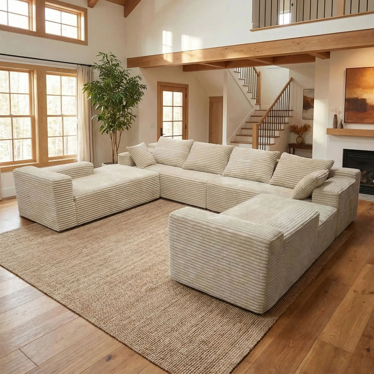 Modular Frameless U-Shaped Large Sofa Set for 6, Includes Big Pillows, Soft Skin-Friendly Corduroy Velvet Sofa with Fluffy Feel, Ideal for Family Gatherings, Assembly-Free Ready-To-Use, Modern Leisure Sofa for Home