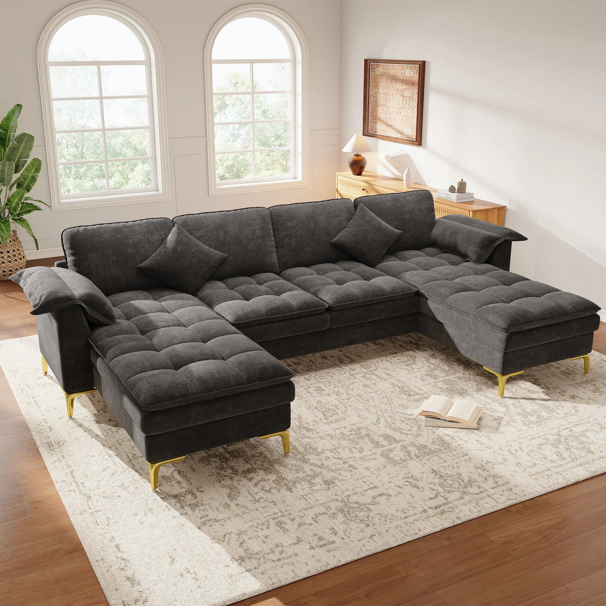 Canapé d'Angle en U 4-5 Places - velours Chenille & Grand Confort