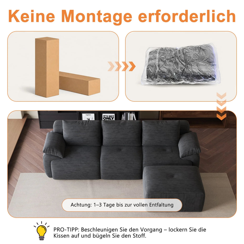 Modular Sofa, L-Shaped Corner Sectional Sofa with Ottoman High-Density Foam Spacious Seating, Living Room Sofa, Corduroy Fabric, Modern Home Furniture for Living Room Apartment Lounge