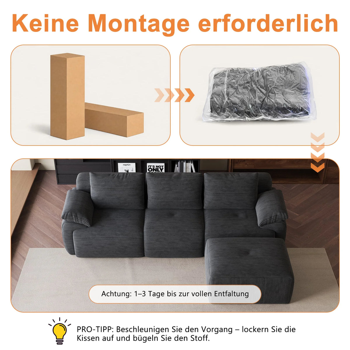 Modular Sofa, L-Shaped Corner Sectional Sofa with Ottoman High-Density Foam Spacious Seating, Living Room Sofa, Corduroy Fabric, Modern Home Furniture for Living Room Apartment Lounge
