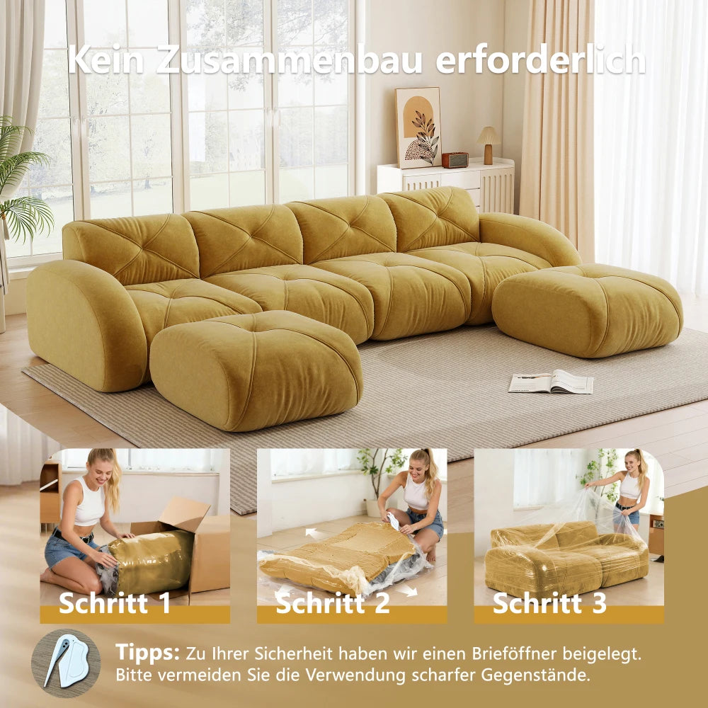 4-Seater U-Shaped Frameless Modular Combination Sofa Set Complete with 2 Matching Stools, Cozy Plush Comfort Fabric Sofa, Stable Non-Slip Base, Ready To Use Without Assembly, Stylish Leisure Couch for Family Living Room Indoo