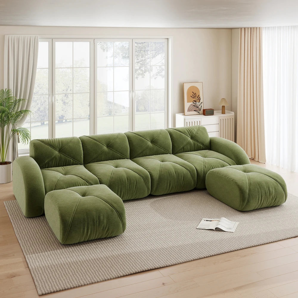 4-Seater U-Shaped Frameless Modular Combination Sofa Set Complete with 2 Matching Stools, Cozy Plush Comfort Fabric Sofa, Stable Non-Slip Base, Ready To Use Without Assembly, Stylish Leisure Couch for Family Living Room Indoo