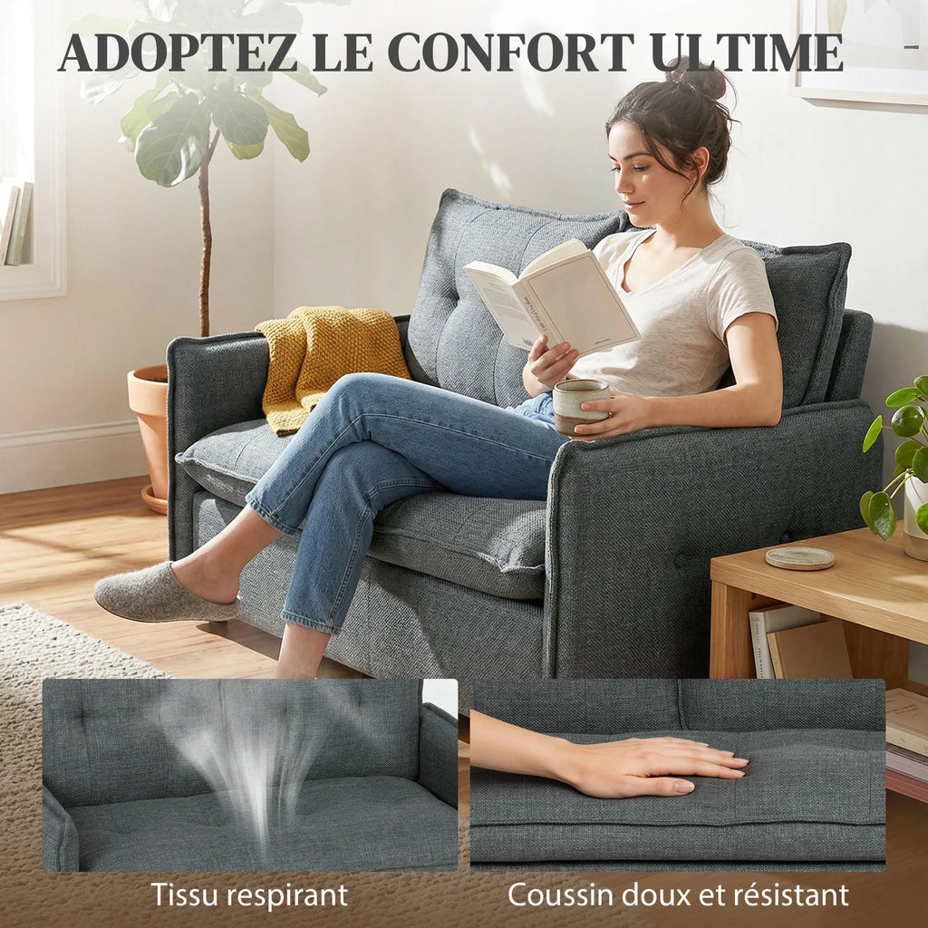 Sofa 2-seat HOMCOM, Modern Living Room sofa cm With Padded Sit, Spring cushions, Fin fabric, Dark Grey