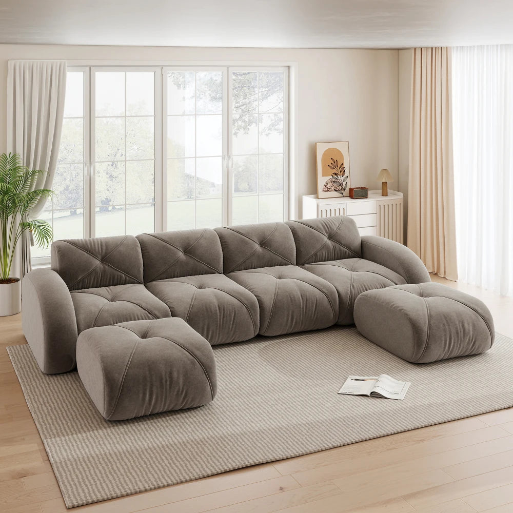 4-Seater U-Shaped Frameless Modular Combination Sofa Set Complete with 2 Matching Stools, Cozy Plush Comfort Fabric Sofa, Stable Non-Slip Base, Ready To Use Without Assembly, Stylish Leisure Couch for Family Living Room Indoo