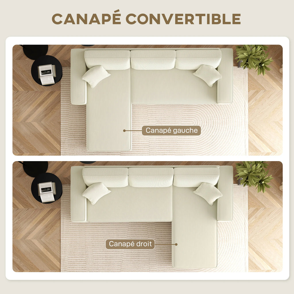 HOMCOM sofa Ride Velour Convertible, for Living Room, 3-cm, 3-seat sofa with Spring cushion, Load, 450Kg, Modern style, for Living Room, bedroom, Cream